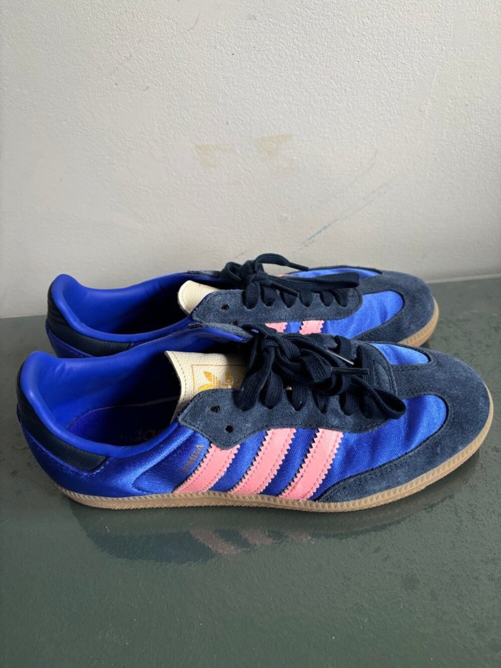 adidas satin & suede Samba Sneakers in Navy and Pink with Gum Sole